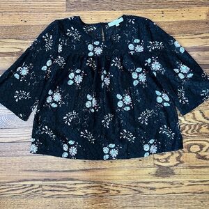 LOFT Black with Cream and Pink Floral Lace Blouse